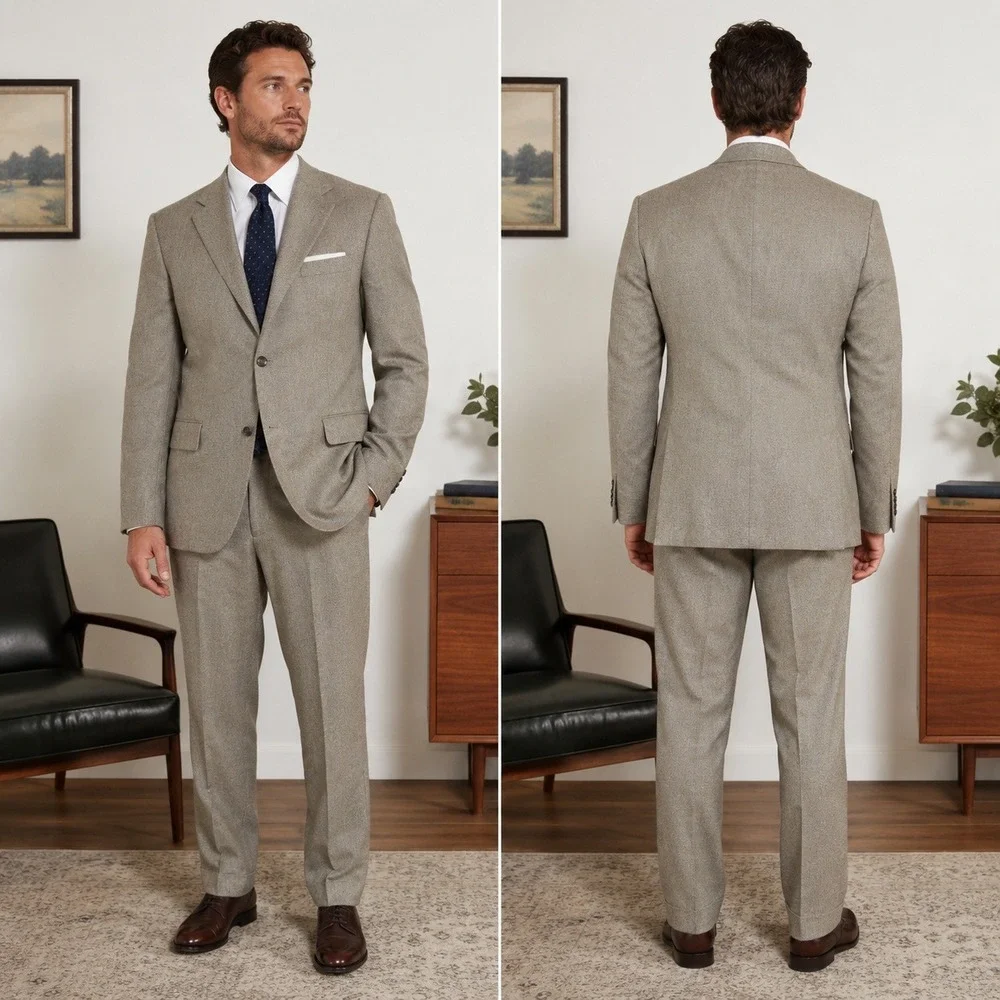Stafford Mens 2 Piece Suit 42R 36W Tan Brown 100% Wool 3Button Tweed Blazer Pant